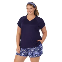 Plus Size Cuddl Duds 3-pc. V-Neck Pajama Top, Pajama Boxer Shorts & Headband Sleep Set -Fashion Clothing Store 6050270 ALT2