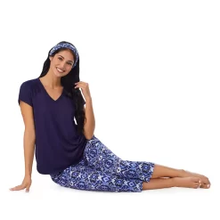 Women's Cuddl Duds 3-pc. V-Neck Pajama Top, Pajama Capri Pants & Headband Sleep Set -Fashion Clothing Store 6050272 ALT5