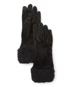 Black Faux Fur-Cuff Velour Gloves